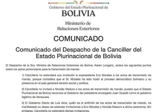 Cancillería boliviana no invitará a Evo ni a Maduro a la posesión de Arce