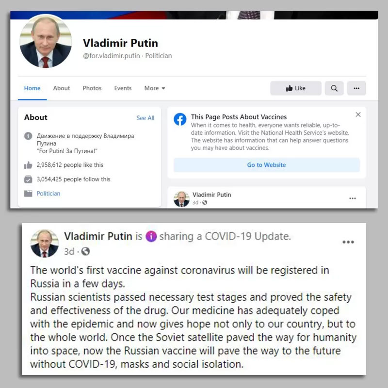 Falsa cuenta de Vladimir Putin en Facebook.
