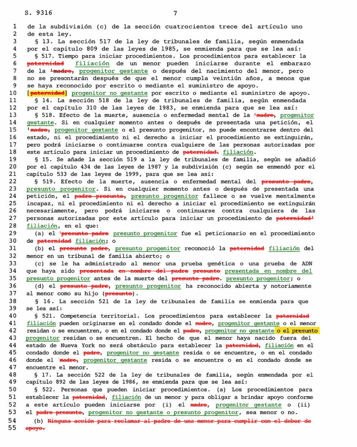 Documento de la ley de Nueva York sobre el cambio de término de "madre" y "padre"