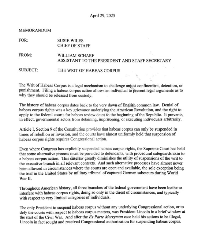 El documento divulgado en la Casa Blanca donde se plantea eliminar el habeas corpus y así tener mayor libertad para deportar inmigrantes.