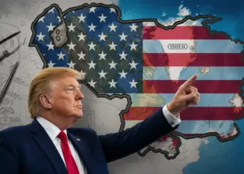 Donald Trump señalando un mapa de Venezuela con la bandera de Estados Unidos